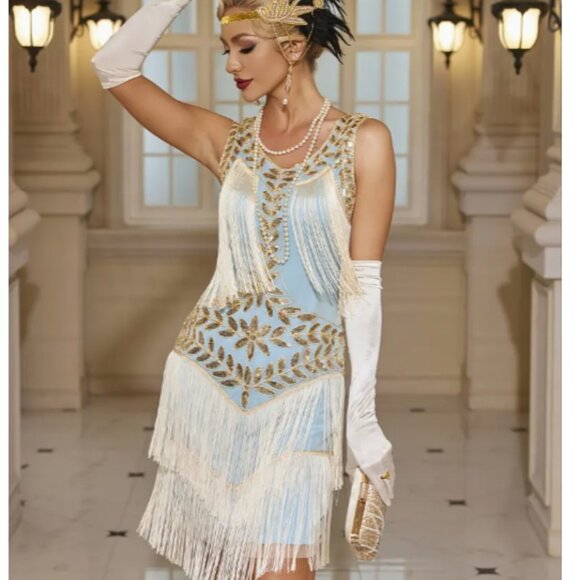 Stunning Roaring 1920s Dress. Sequins and Fringe. Turquoise, Gold, and Ivory. S. - Picture 14 of 16